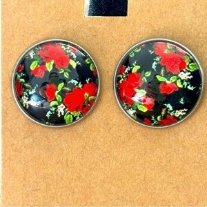 Dark Floral Print Stainless Steel Stud Earrings NWT Handmade 20mm